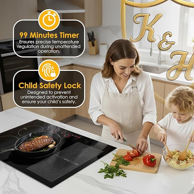 K&H 5 Burner Induction Cooktop - 31.5 Inch Built-In Electric Cermic Stove Top - 17 Heating Levels, 240V, 9200W High-Power Built-in Electric Stove Top - Child Lock, Timer & Touch Control - IN30-9200FLX