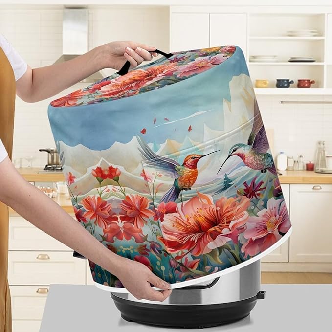 Hummingbird Floral Air Fryer Cover Washable Pressure Cooker Dust Cover for 3 Qt Small Kitchen Appliance Cover with Top Handle Dust Protection Bread Cover