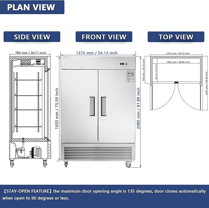 54" Upright Commercial Freezer with 2 Solid Door, 42 Cu.Ft Reach-in Freezer, Stainless Steel Interior and Exterior Construction, -8℉ ~ -2℉, Fan Cooling Freezer, ETL and DOE
