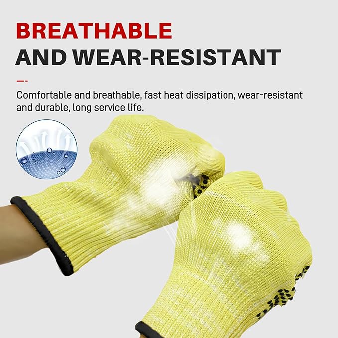 Heat Cut Resistant Gloves,Aramid leather Oven Gloves with Fingers,Heat Resistant Up to 550°F, Thick Knit Grill Mitts (silicone beads, Small)