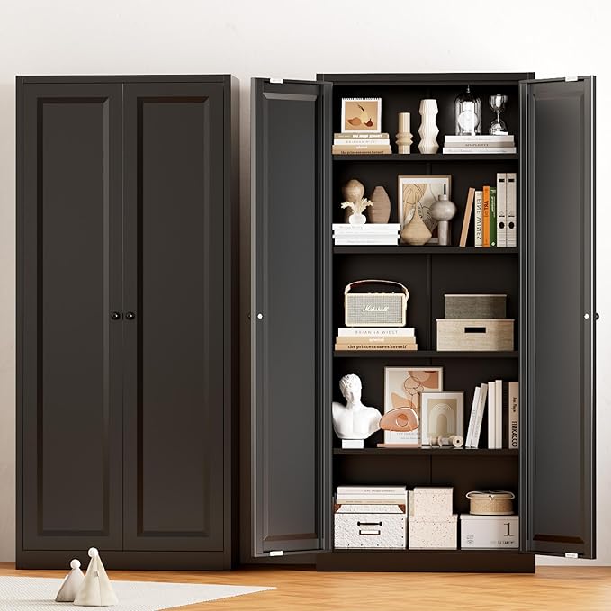 Greenvelly Metal Cabinet, 63" H Black Metal Storage Cabinet with Doors and 4 Shelves, Pantry Storage Cabinet for Kitchen, Bedroom, Living Room, Office (Modern)