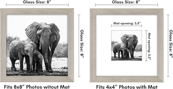 Americanflat 8x8 Picture Frame with Shatter-Resistant Glass - Use as 4x4 Frame with Mat or Display 8x8 Photo Without Mat - Signature Collection - Square Frames for Tabletop and Wall - Driftwood