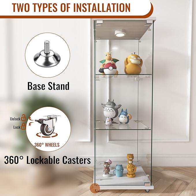 Yoluckea 3-Shelf Glass Display Cabinet with LED Lights, 1-Door Floor Standing Curio Cabinet with Universal Wheel for Home or Office, White Glass Bookshelf for Collections, Decor, and Corner Display