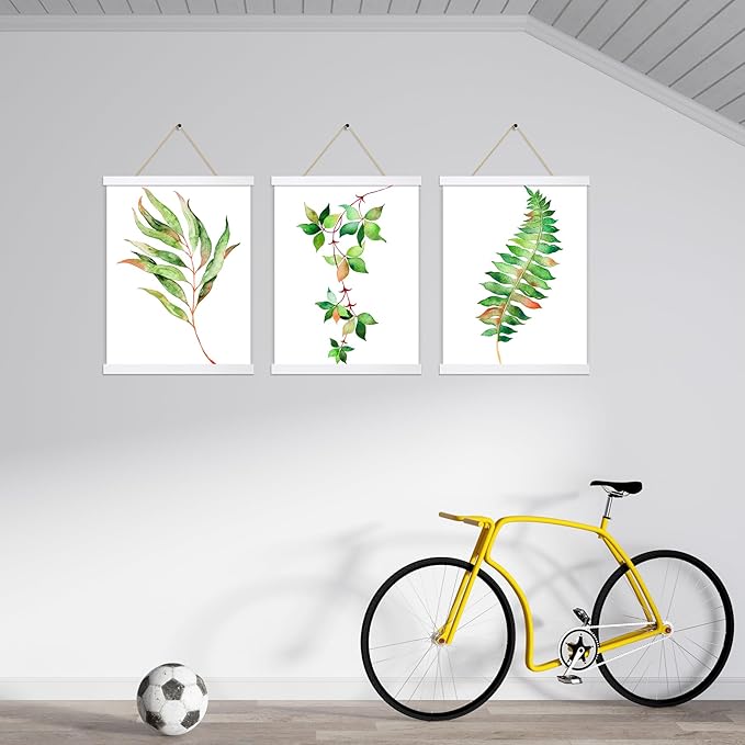 3 Pack Magnetic Poster Hanger Frame White, 8x10 8x12 8x16 Poster Frame Wood Wooden Magnet Print Posters Dowel Scroll Hanger Hangers Hanging Kit for Walls Map Canvas Artwork