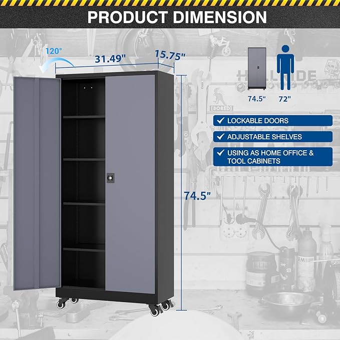 Metal Rolling Storage Cabinet-74.6” Tall Steel File Cabinets with Wheels Lockable Doors and Adjustable Shelves-Black & Gray Steel Storage Cabinet for Home, School, Office, Garage