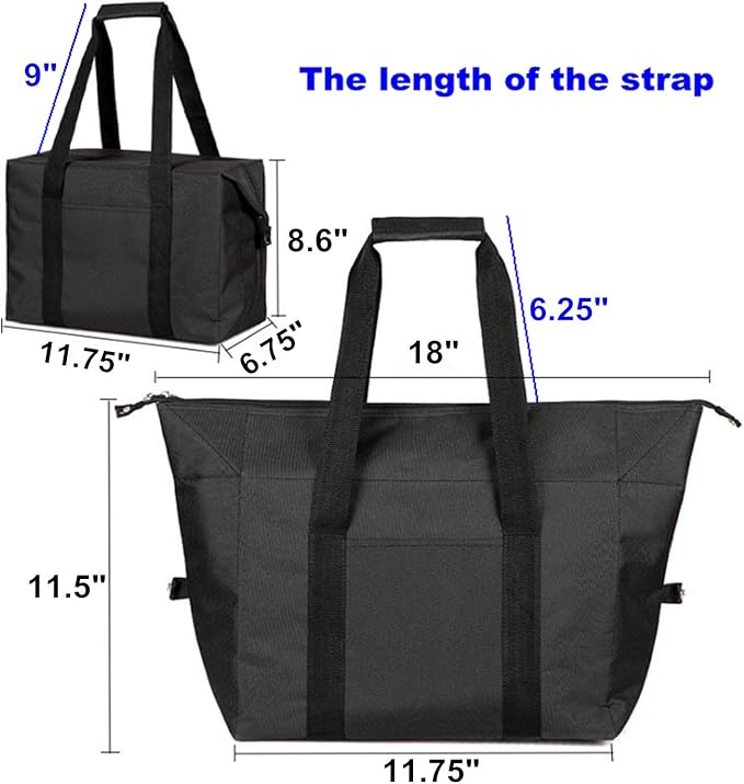 Reusable Insulated Grocery Picnic Cooler Bags with Zipper, Thermal Tote Shopping Bags for Travel, or Lunch, Camping, Beach Food Frozen, Black