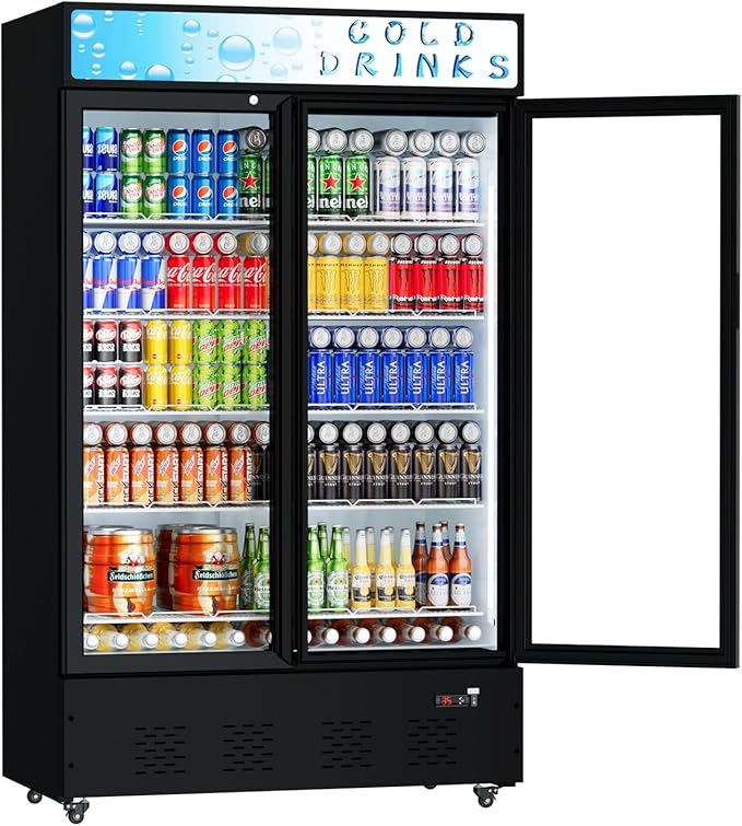 Commercial Beverage Refrigerator, 40 Cu.ft.Display Fridge Glass Door Upright Display Door with Adjustable Shelves LED Light for Restaurant,Grocery Stores,Office