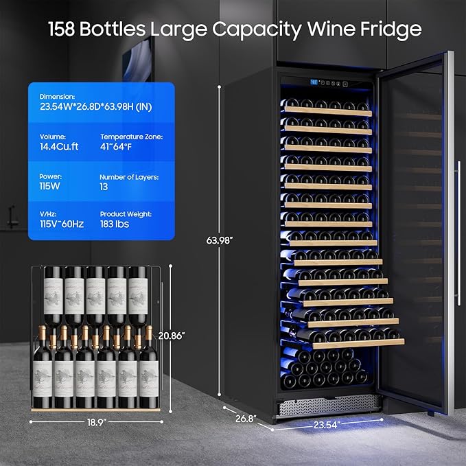 24 Inch Wine Cooler, Wine fridge Freestanding or Built-In with Door Lock, Suitable for Mixed 158 Bottles Sizes, Low Noise Operation (14.4cu.ft)