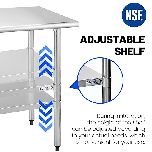 Hally Stainless Steel Table for Prep & Work 18 x 72 Inches, NSF Commercial Heavy Duty Table with Undershelf and Galvanized Legs for Restaurant, Home and Hotel