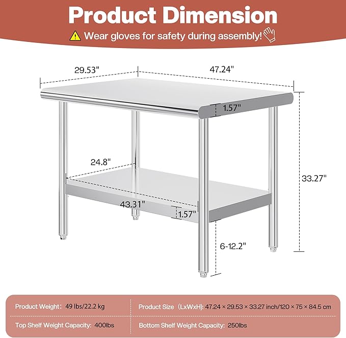 Jocisland 30" x 48" Stainless Steel Table for Prep & Work Adjustable Under Shelf and Feet, for Commercial Kitchen, Restaurant, Hotel, Garage