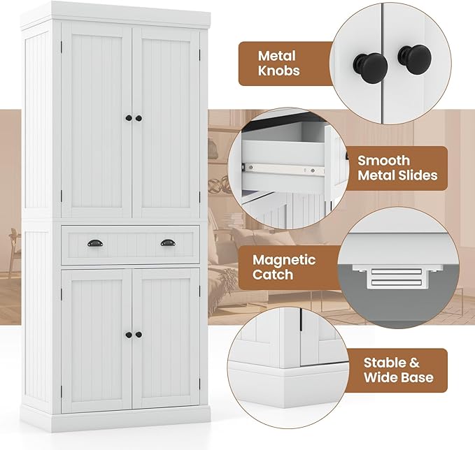 DORTALA 72” Tall Kitchen Pantry Cabinet, Wood Storage Cupboard w/ 4 Adjustable Shelves, 2 Cabinets & Drawer, Utility Freestanding Storage Cabinet for Kitchen, Hallway, Living Room, White