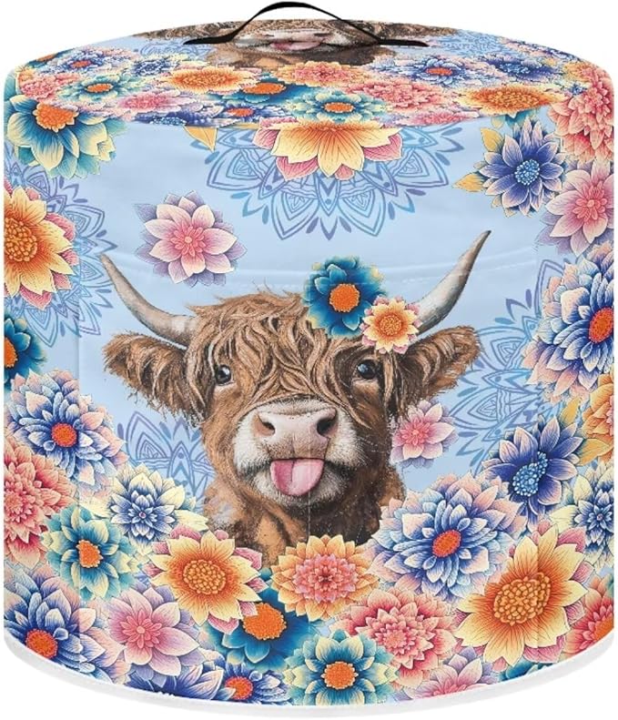 Xoenoiee Electric Pressure Cooker Cover Boho Mandala Highland Cattle Pattern Kitchen Appliance Dust Cover with Pockets, Compatible with Crock Pot, Rice Cooker, for 6 Qt Pot
