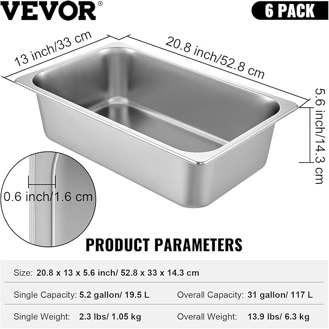 VEVOR 6 Pack Hotel Pans, Full Size 6-Inch, Stainless Steel Steam Table Pans，Anti-Jam Catering Trays for Steam Tables, for Home, Party, Restaurant, Hotel, Buffet