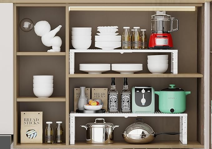 Expandable Cabinet Shelf Organizer Storage Spice Rack Shelves for Kitchen Stackable Adjustable Pantry Cupboard Bathroom Countertop Desktop(1Pack/White/Medium-with Hole)