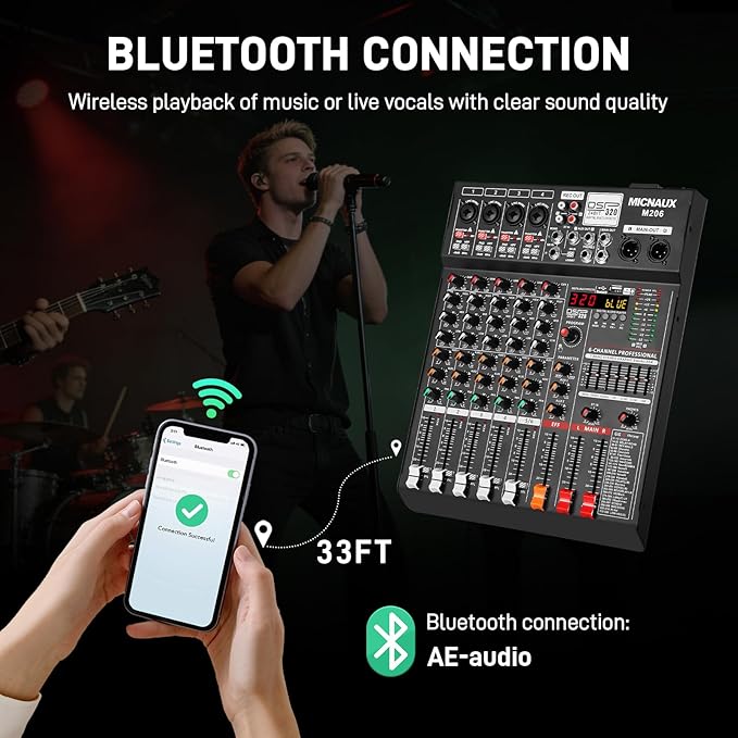 Audio Mixer 6 Channel Professional Sound Console Music Mixer with 320 DSP Effects, 7-band EQ DJ Mixing Board w/USB, Bluetooth, 48V Power Supply, PAD Button for Recording Karaoke PA Drum Live