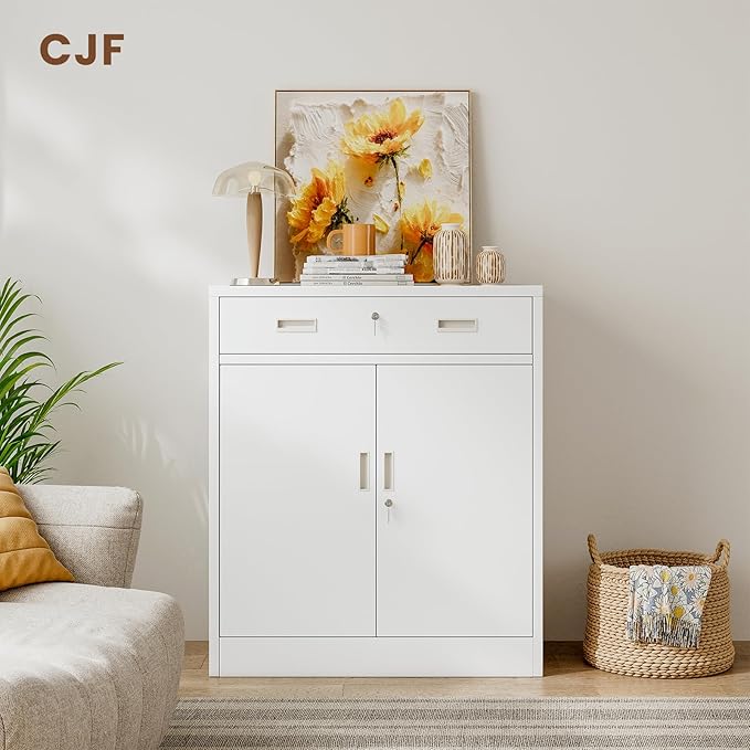 CJF Metal Storage Cabinet, Locking Storage Cabinet with Doors and 1 Drawer, 36" H x 28" W x 16" D Metal Cabinets for Office/Home/Garage -White
