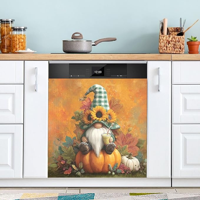 Fall Gnome Orange Pumpkin Dishwasher Magnet Cover for Front Panel Magnetic Dishwasher Cover Decorative Refrigerator Magnet Covers Dishwashers Magnetic Sticker for Home Kitchen Decor, 23" x 26"