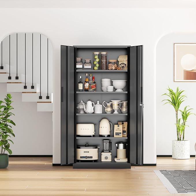 Crownland 72" Metal Storage Cabinet, Lockable Garage Storage Cabinets, High Office Cabinet with Adjustable Shelves for Garage, Home Office, Classroom, Pantry(Classic Black-Narrow Size)