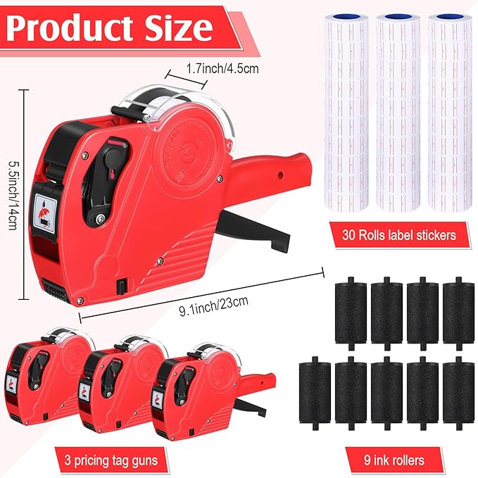 3 Pack 8 Digits Price Tag Gun Label Pricing Gun Kit with 12000 Labels & 9 Ink Rollers for Retailer Supermarket Grocery Store Food(Red)