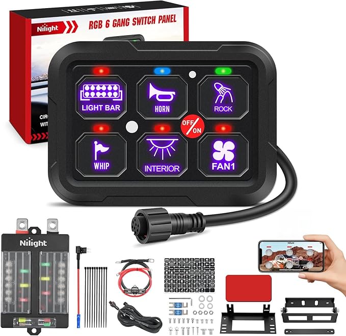 Nilight 6 Gang Switch Panel 12V 24V Universal Circuit Control Relay System with RGB Backlight APP Fuse Wiring Harness Automatic Dimmable ON Off LED Switches Pod for Car Pickup Truck Camper SUV