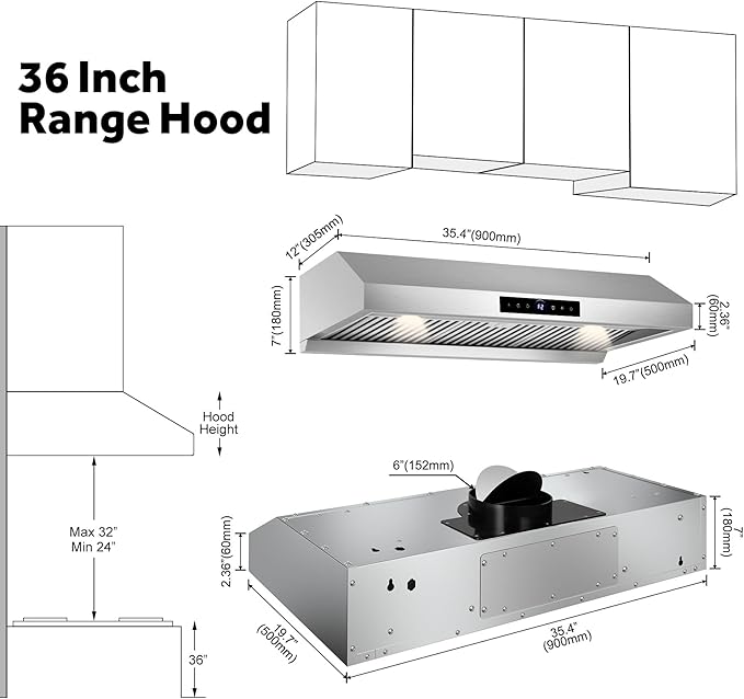 36 inch Under Cabinet Range Hood 1200 CFM with 4-Speed Gesture Sensing & Touch Control, Stainless Steel Kitchen Stove Vent Hoods with 2 LED Lights, Time Setting, Dishwasher-Safe Baffle Filters
