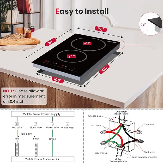 GASLAND 12 Inch Electric Cooktop 2 Burner ETL Certified, 3000W Built-in Electric Radiant Glass Stove Top with 16 Power Levels, 240V Ceramic Hob, Keep Warm, Slide Touch Control & Timer
