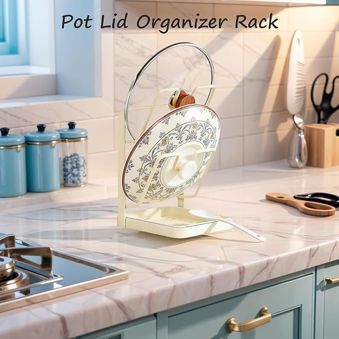 Kitchen Pot Lid Storage Rack, Stainless Steel Pot Lid Holder While Cooking for Countertop, Multifunctional Pots Lids Organizer Rack with Removable Drip Tray for Spatulas, Ladles & Large Lids(Gray)