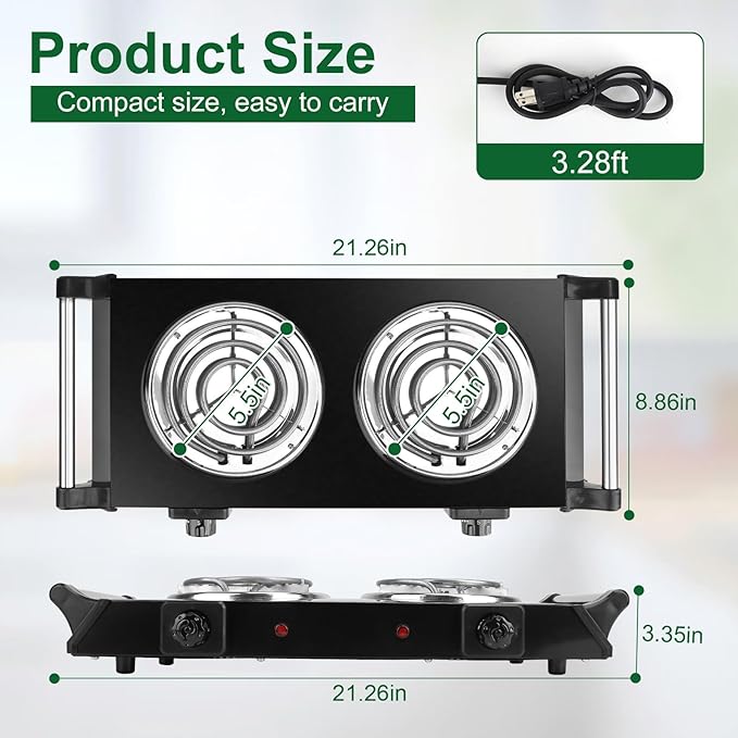 Portable Stove Electric, 2000W Double Burner Electric Cooktop with Coil Hot Plate & Stay Cool Handles, 5 Level Temperature Control, Cooking Stove for Home RV Camping