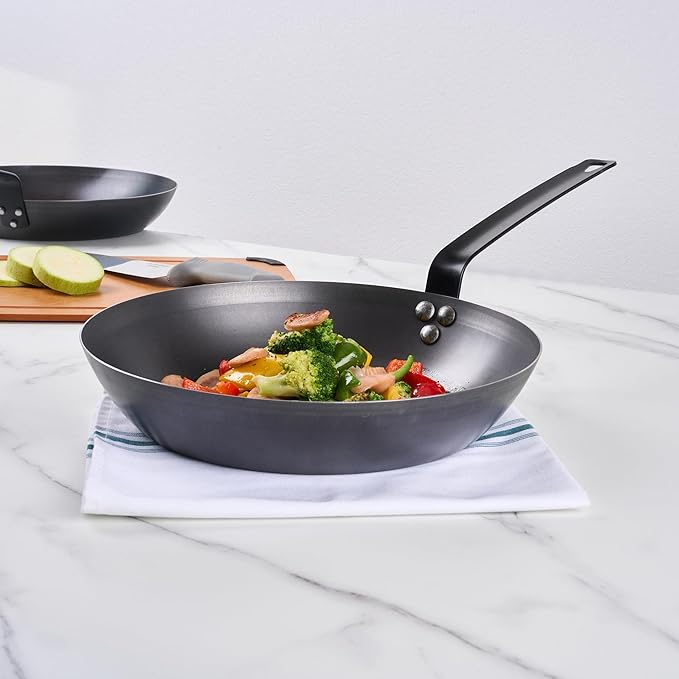 Met Lux 12 Inch Fry Pan, 1 Lightweight Frying Pan - Induction-Ready, Triple-Riveted, Black Carbon Steel Cooking Skillet, Durable, For Searing, Sauteing, And Browning Food - Restaurantware