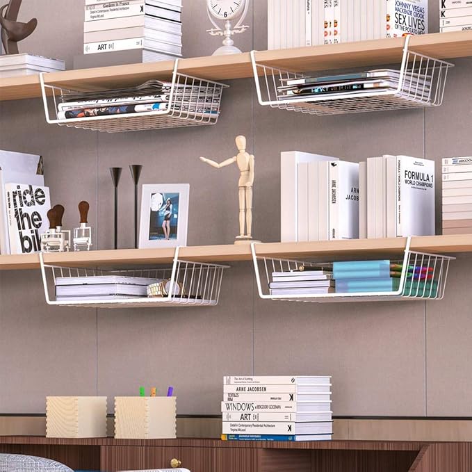 Modern Home Under Shelf Wire Storage Baskets – Hanging Organizer Rack for Cabinet, Pantry, or Closet – White Metal Basket for Kitchen, Towels, or Office – No Tools Required (Set of 4 15")