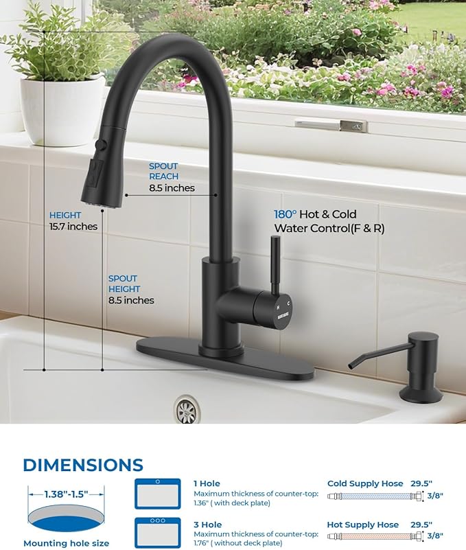 WEWE Touchless Kitchen Sink Faucet with Soap Dispenser, Single Handle Kitchen Faucets with Pull Down Sprayer Smart Motion Sensor Stainless Steel, Matte Black