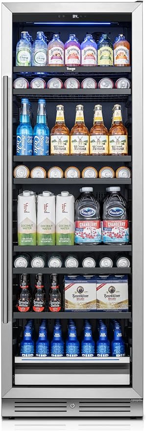Yeego Beverage Refrigerator & Drink Fridge - 24 inch 378 Cans Beer Cooler with Glass Door, 34-54℉ Built-in or Freestanding Refrigerator with Door Lock, For Drink Soda Wine and Kitchen, Bar or Office