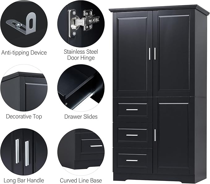 62.2" Wide Storage Cabinet Pantry Cupboard with Doors and Drawers for Home Kitchen, Bathroom and Living Room, Adjustable Shelf, Black