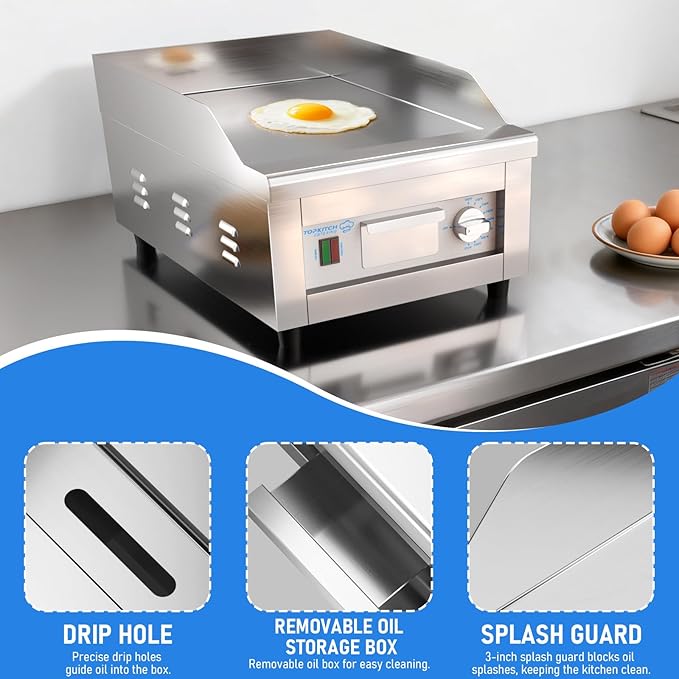 Commercial Electric Griddle, 16"x14" Cooking Surface with 10mm Thick Plate, ETL Certified 572°F Precise Temperature Control, 3" Splash Guard, Heavy-Duty 201 J1 Stainless Steel