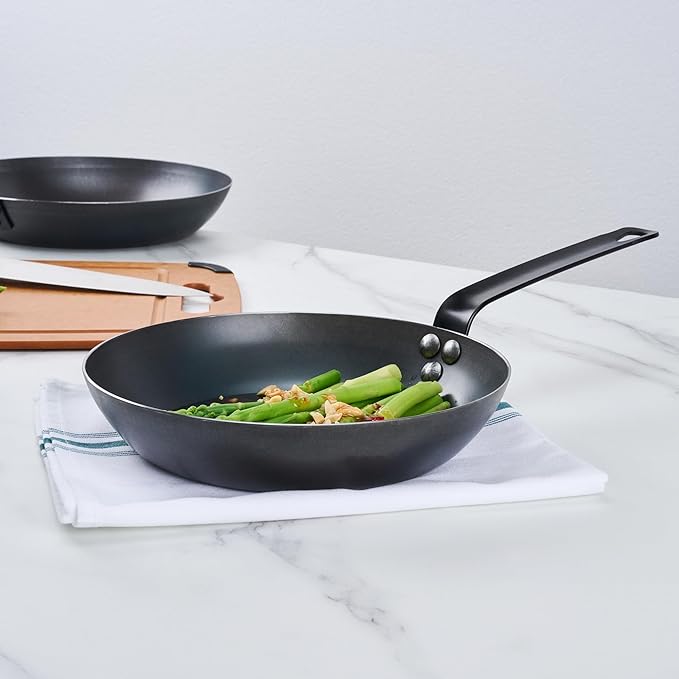Met Lux 9.5 Inch Fry Pan, 1 Lightweight Frying Pan - Induction-Ready, Triple-Riveted, Black Carbon Steel Cooking Skillet, Durable, For Searing, Sauteing, And Browning Food - Restaurantware