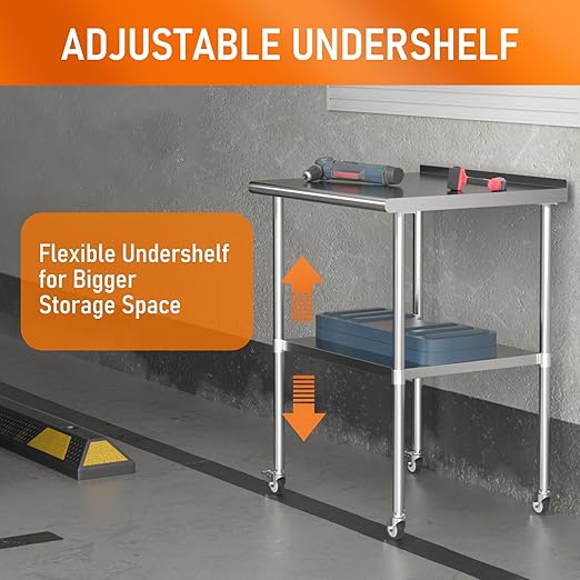 Stainless Steel Prep Table 24" X 30" with Adjustable Undershelf, Backsplash and Wheels, Commercial Metal Workstations for Kitchen, Garage, Outdoor BBQ