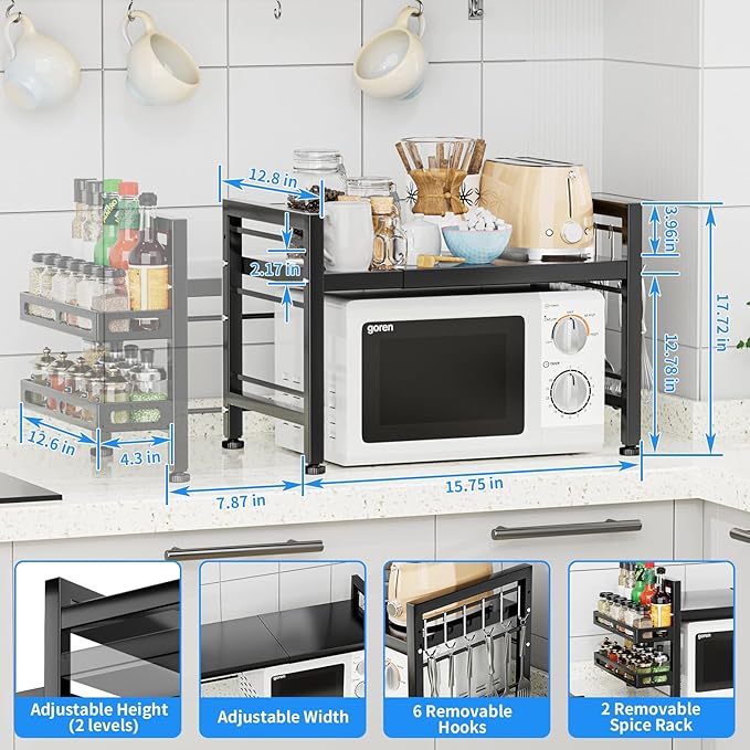 Extendable Microwave Oven Rack - Over Microwave Shelf Countertop 2 Tier Kitchen Microwave Stand (L15.7~23.6" xW12.8 xH17.7) with Spice Rack and 6 Hooks Black
