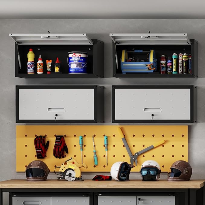 Metal Wall Cabinet,Wall Mounted Garage Cabinets with Lockable Up-Flip Door,Hanging Storage Cabinet 130 lbs Capacity,Floating Cabinet for Tool Organization in Basement,Workshop,Kitchen,Black/Grey