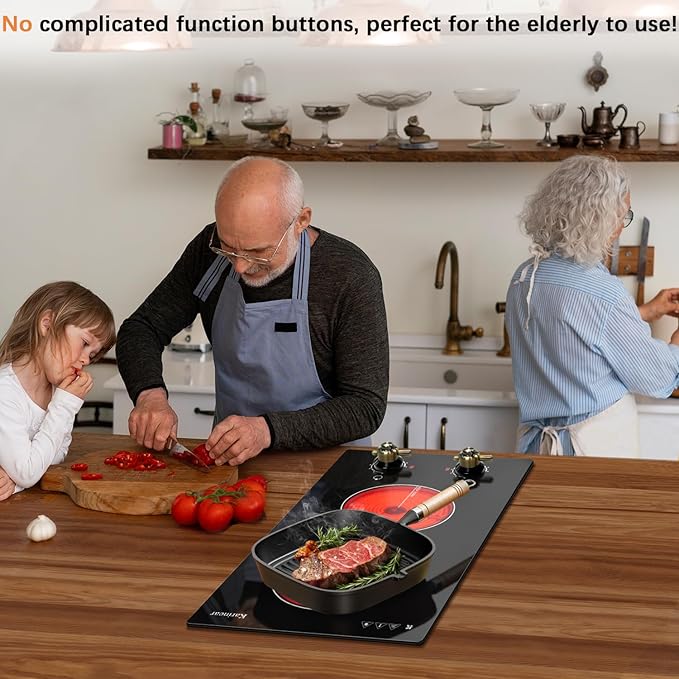 Karinear 110V Electric Cooktop 2 Burners Electric Stove 12 Inch Knob Control Countertop & Built-in Ceramic Cooktop, 9 Heating Level, Hot Warning, Over-Temperature Protection(Gold Knob)