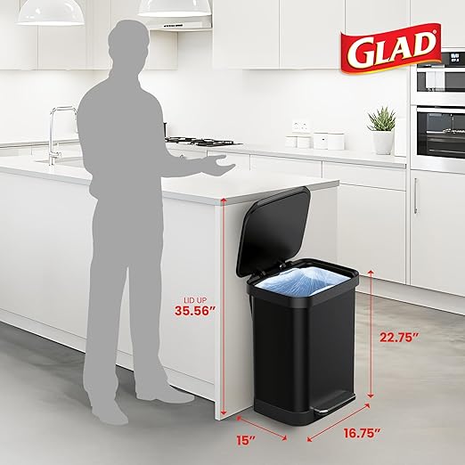 Glad Stainless Steel Step Trash Can, Series 2 with Clorox Protection - Large Black Kitchen Garbage Bin with Soft Close Lid, Foot Pedal and Waste Bag Roll Holder, 13 Gallon