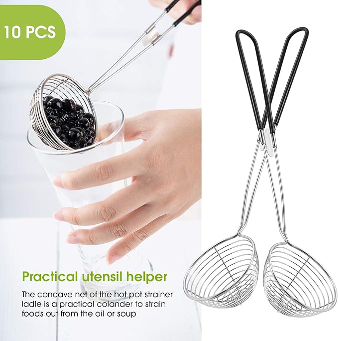 Geiserailie 6 Pieces 6 Pieces Hot Pot Kit Strainer Scoops Stainless Steel 2.5 Inch Mini Spider Strainer Skimmer Pasta Mesh Spoon Asian Skimmer Spoon Ladle with Handle for Home (Black)