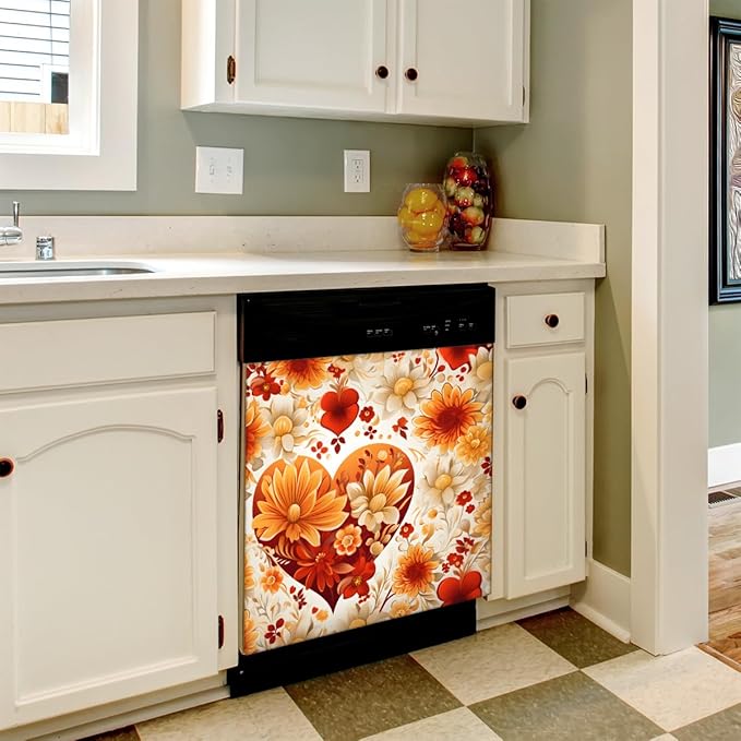 Valentine's Day Yellow Flowers Dishwasher Magnet Cover, Reusable Refrigerator Panel Stickers Microwave Front Door Covers Magnets for Kitchen Home Appliances Holiday Party Decorations 23 X 26 in