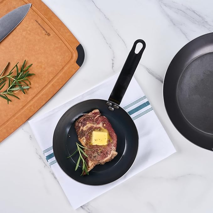 Restaurantware-Met Lux 8 Inch Fry Pan, 1 Lightweight Frying Pan - Induction-Ready, Triple-Riveted, Black Carbon Steel Cooking Skillet, Durable, For Searing, Sauteing, And Browning Food