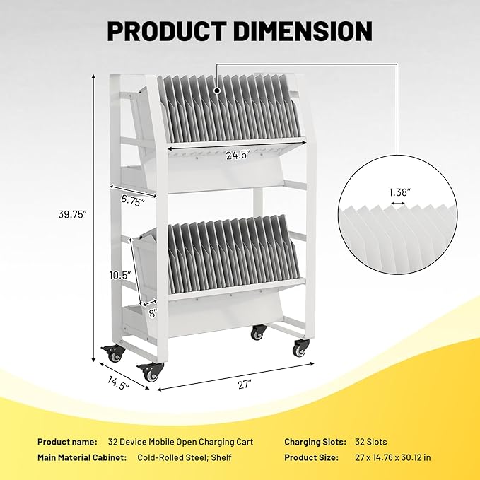 32-Device Mobile Charging Storage Cart with Lockable Wheels, 2 Power Strips, Charging Station with Removable Dividers & Cable Management for Laptops, Tablets, iPads, Chromebook for Classroom