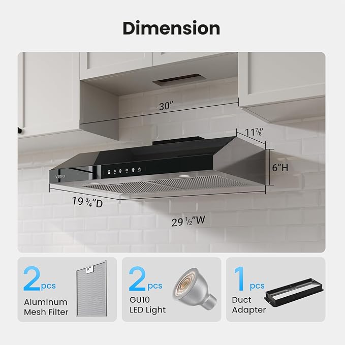 Under Cabinet Range Hood 30 Inch, 900 CFM Dual Centrifugal Motor, 3-Speed Ducted Kitchen Vent, Reusable Filters, Stainless Steel Kitchen Hood with LED Lights, Low Noise, Glass Black