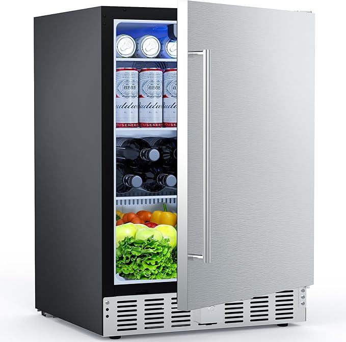 24 Inch Beverage Refrigerator, Under Counter Freestanding Beverage Cooler 180 Can, Outdoor Fridge with Stainless Steel Door, Outdoor Refrigerator for Patio, Home, Kitchen, Bar (Silver)