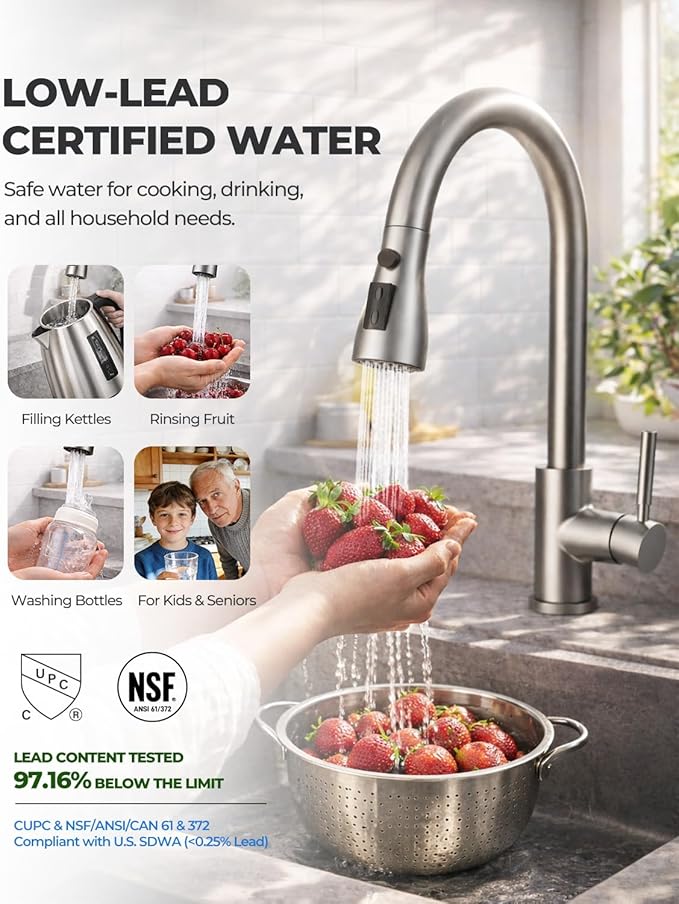 WEWE Kitchen Faucets with Pull Down Sprayer, Leak-Proof Stainless Steel Lead-Free Single Handle 1 Hole for Family Kitchen Commercial Camper Laundry Rv Bar, Brushed Nickel Bar Sink Faucet
