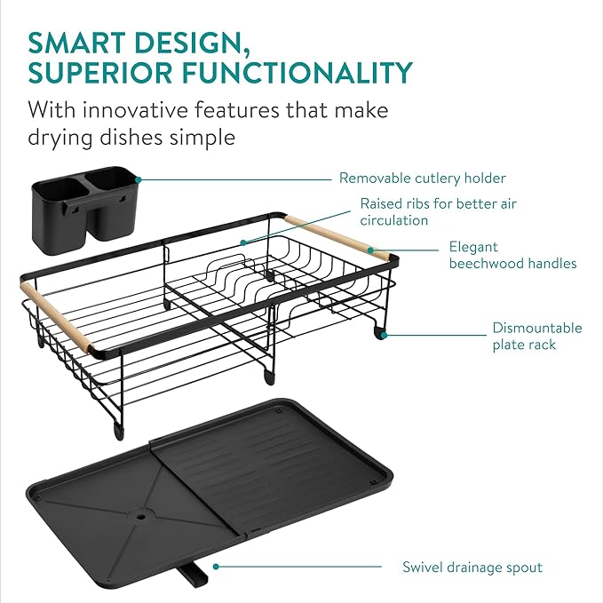Navaris Expandable Dish Rack - Adjustable Draining Board for Drying Dishes - Removable Plates and Cutlery Holder - Kitchen Sink Washing Up Drainer with Plug and Drip Tray - Black