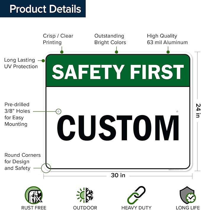 Custom Safety First Sign, Ansi Sign, Osha Compliant, 24x30 Inches, Rust Free .063 Aluminum, Fade Resistant, Made in USA by My Sign Center