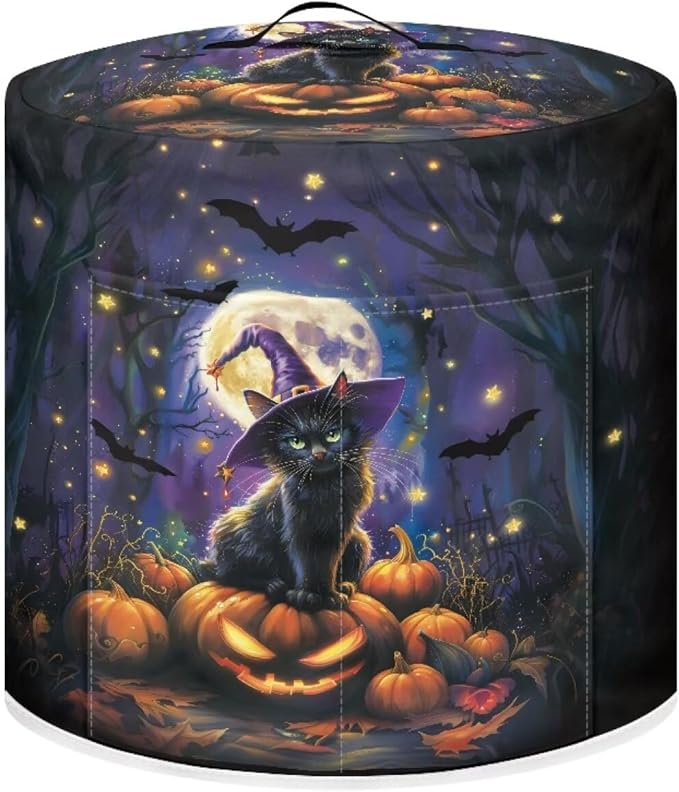 6 Quart Pressure Cooker Dust Cover with Top Handle and Storage Pocket Kitchen Small Appliance Protector Air Fryer Rice Cooker Dust Cover Halloween Moon Night Cat